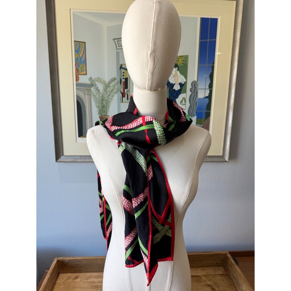 Talbots Silk Rectangle Scarf Large Plaid Black Red and Green Head Scarf 56"x 12"